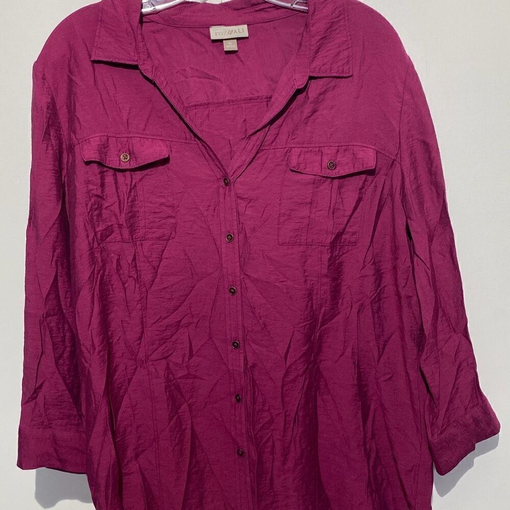Roz & Ali Women's Pink Collared Roll tab Long Sleeve Button Up Shirt Size XL